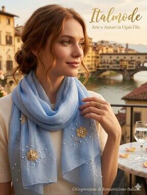 ITALMODE Blue & Gold Floral Pearl Accent Scarf